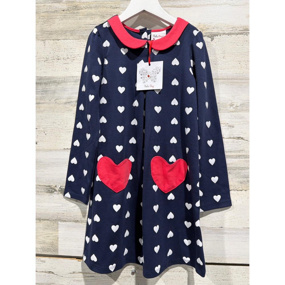 Nula Bug Heart Print Dress Girls 7 Navy Blue Peter Pan Collar Preppy NWT